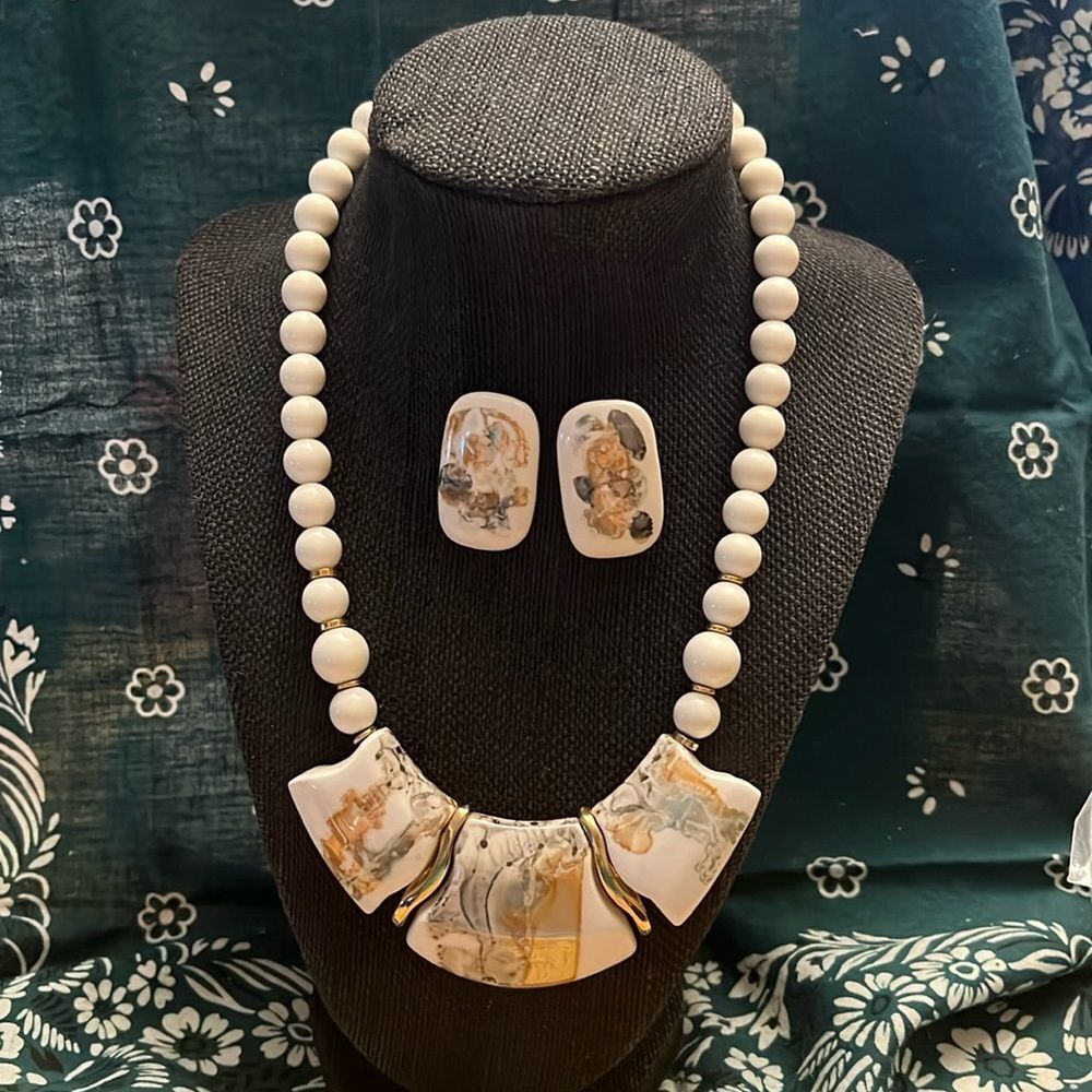 Vintage Statement Necklace & Earring Set - Ivory and Earth Tones